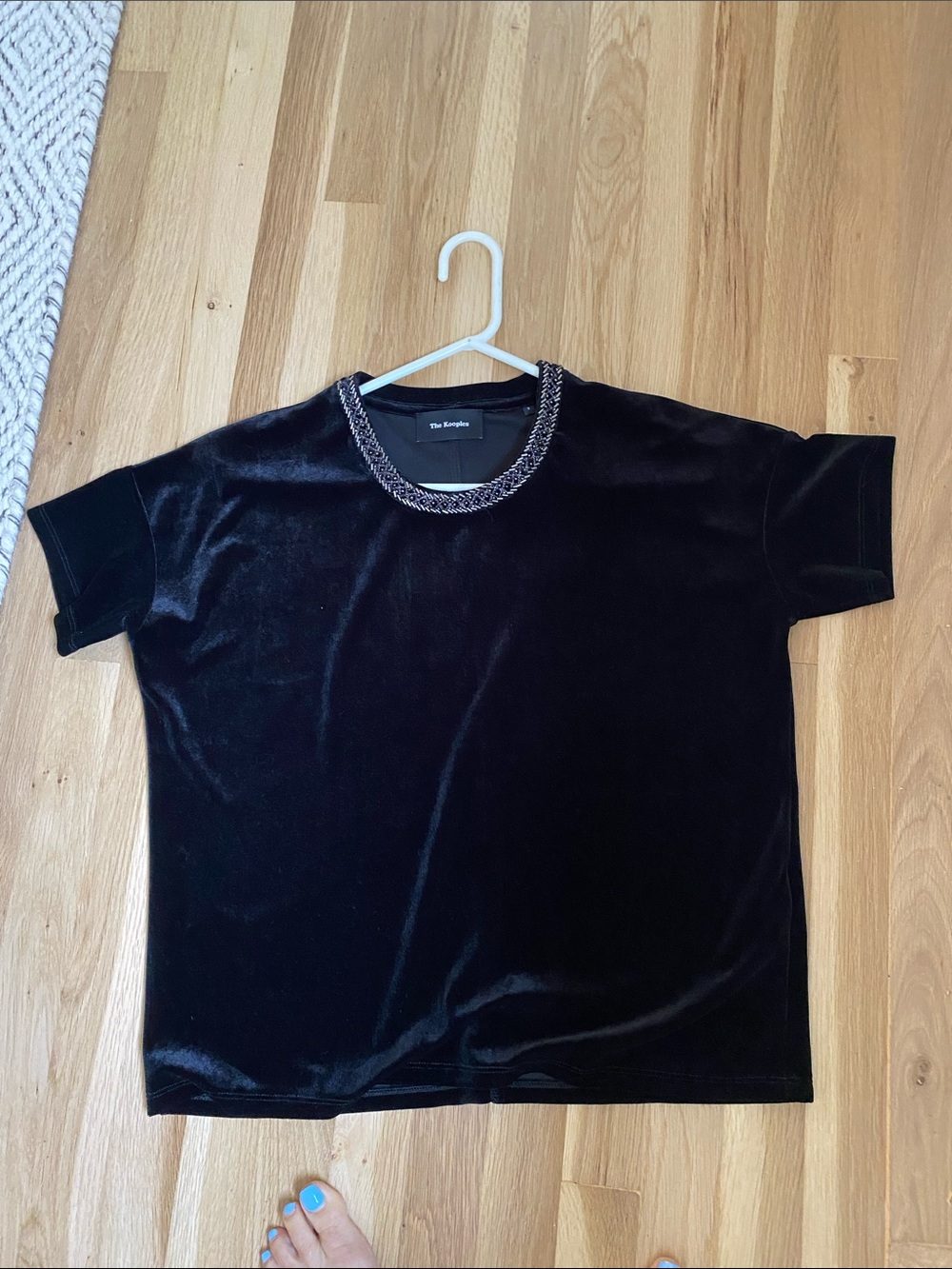 The Kooples Black Velvet Short-Sleeve Tee with Beaded Collar